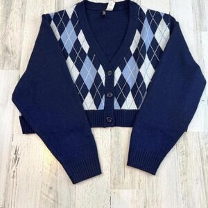 H&M Divided Women's Navy Argyle Cropped Cardigan Preppy Knit Sweater Size XL‎